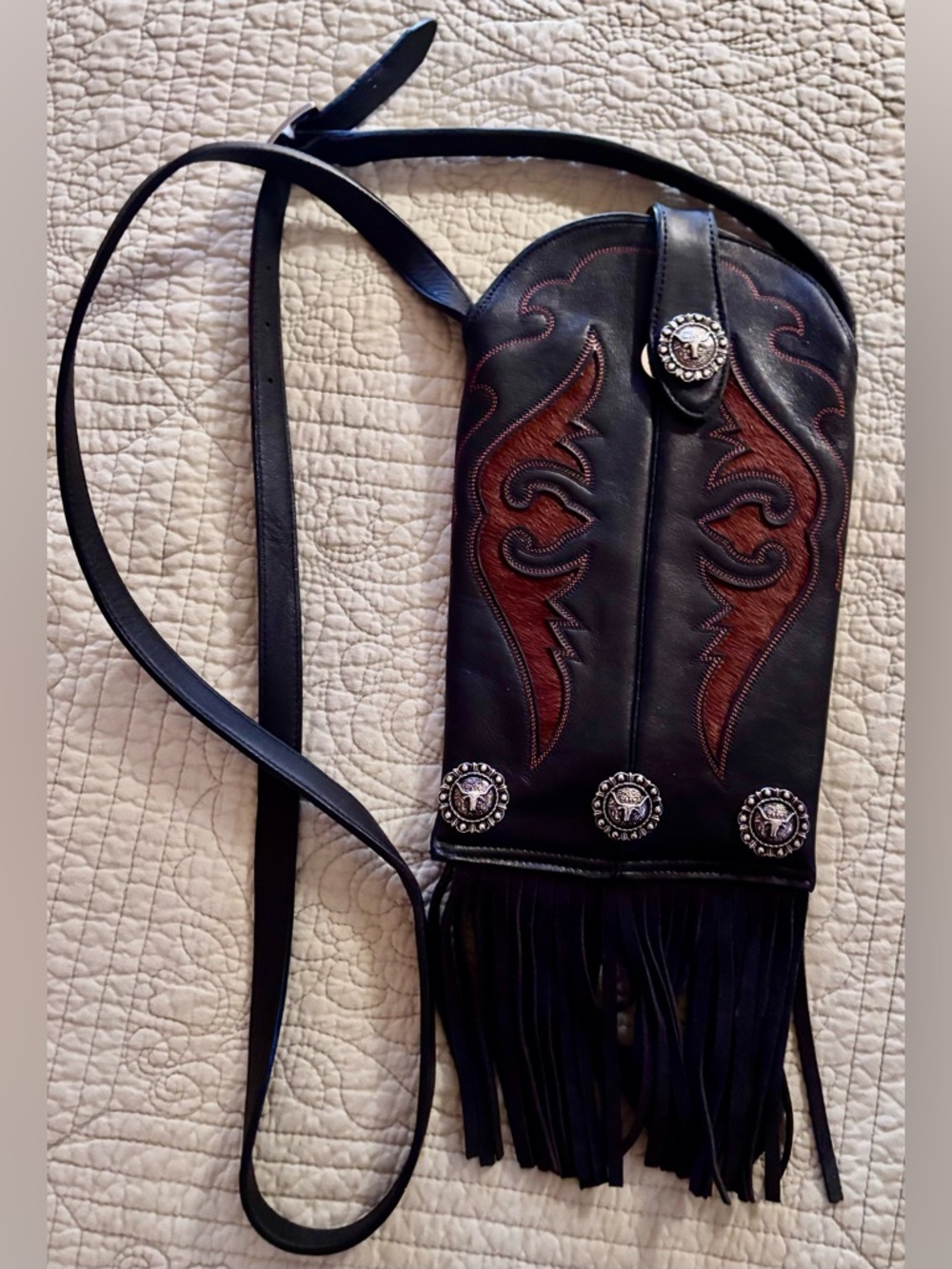 Shyanne-Black Leather Fringe Crossbody Bag with Brown Tooled Accents